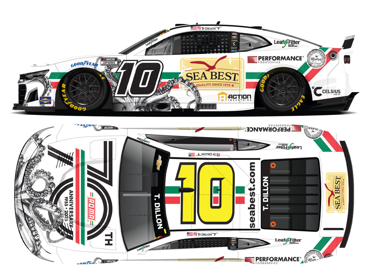 Ty Dillon 2025 - #10 Roma 70th Anniversary / Sea Best - 1:24 ARC Chrome Diecast